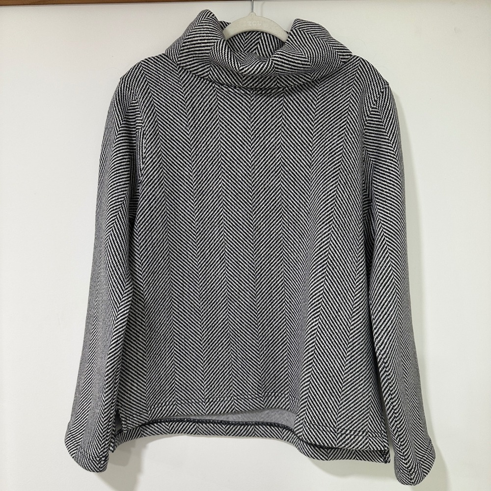 J.Crew Herringbone Cowl Neck Pullover Sweater Women XL Black White Fleece Lined